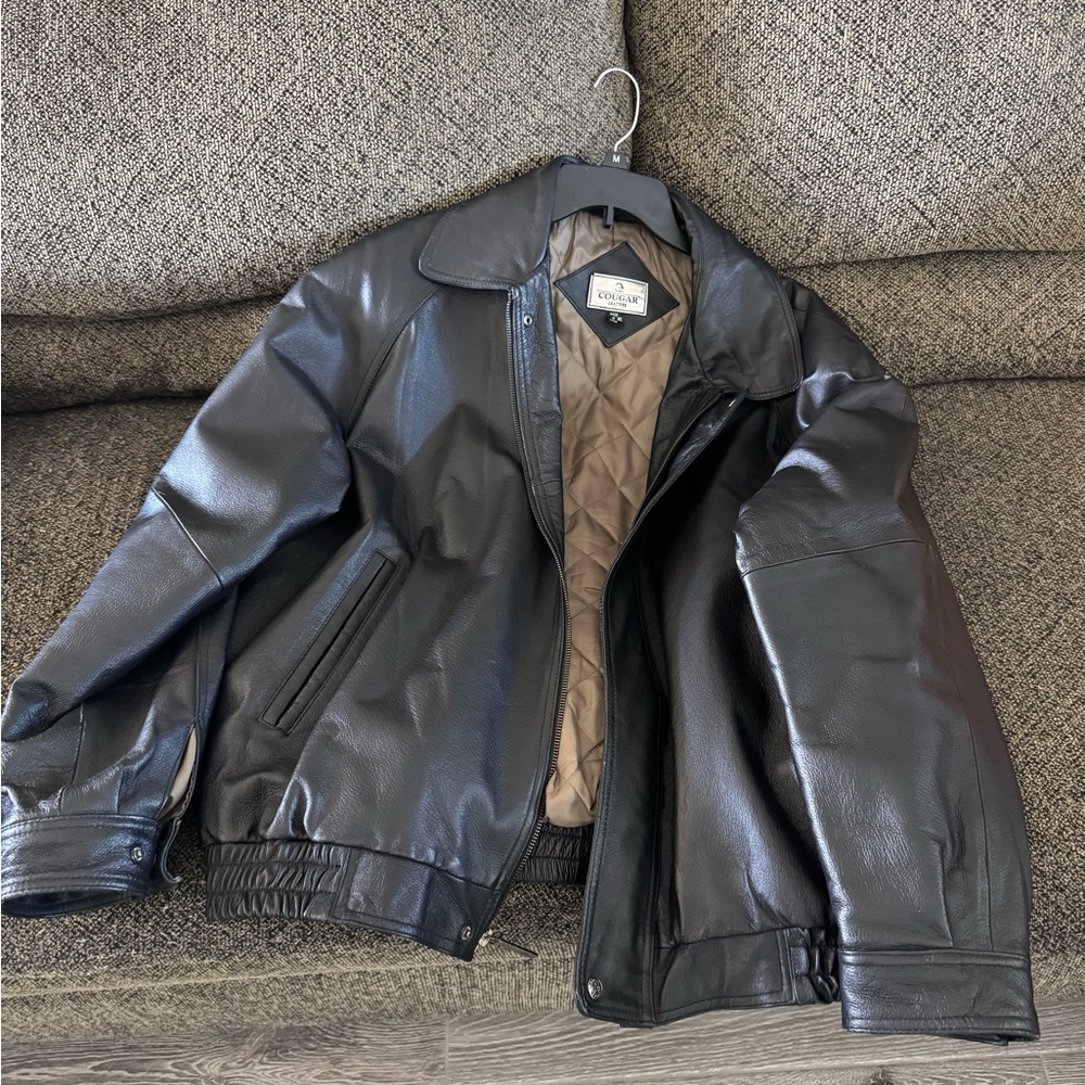 Cougar Men’s Black Leather Jacket with Tan Quilted Lining